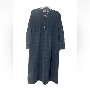 LLBean Womens Flannel Nightgown Medium pintuck Dobby blue green tartan plaid